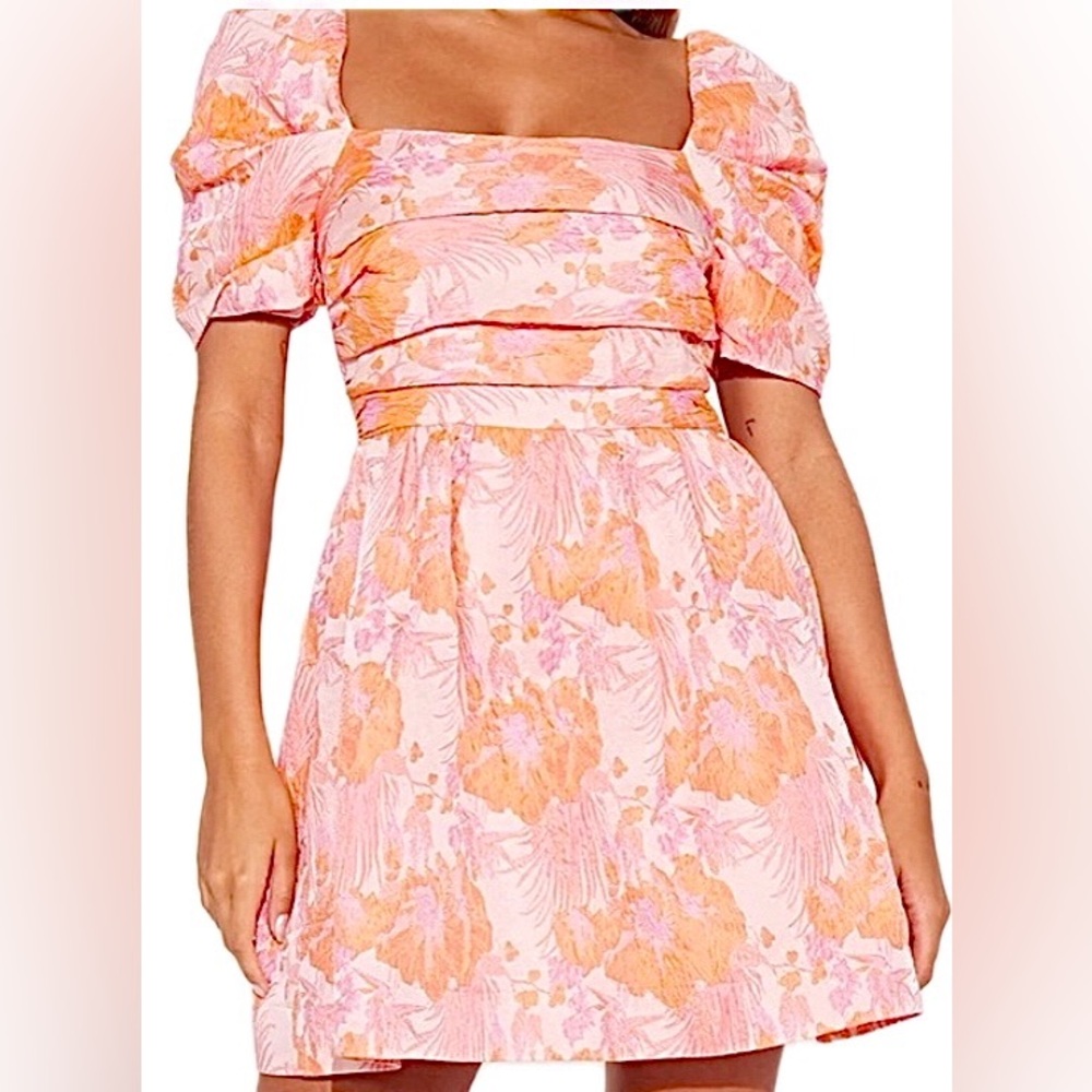 Pink and Peach Floral Puff-Sleeve Mini Dress
